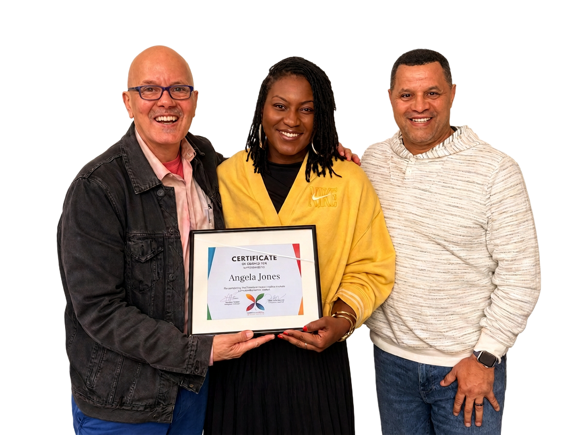 Angela Jones receiving her TLI certificate alongside Jeffrey Franco and Tim Kime Jr.