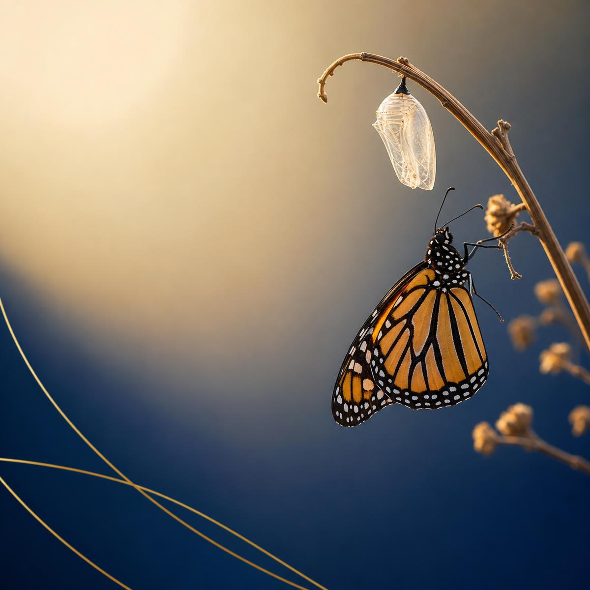 A monarch butterfly rests near an empty chrysalis — a symbol of leadership transformation
